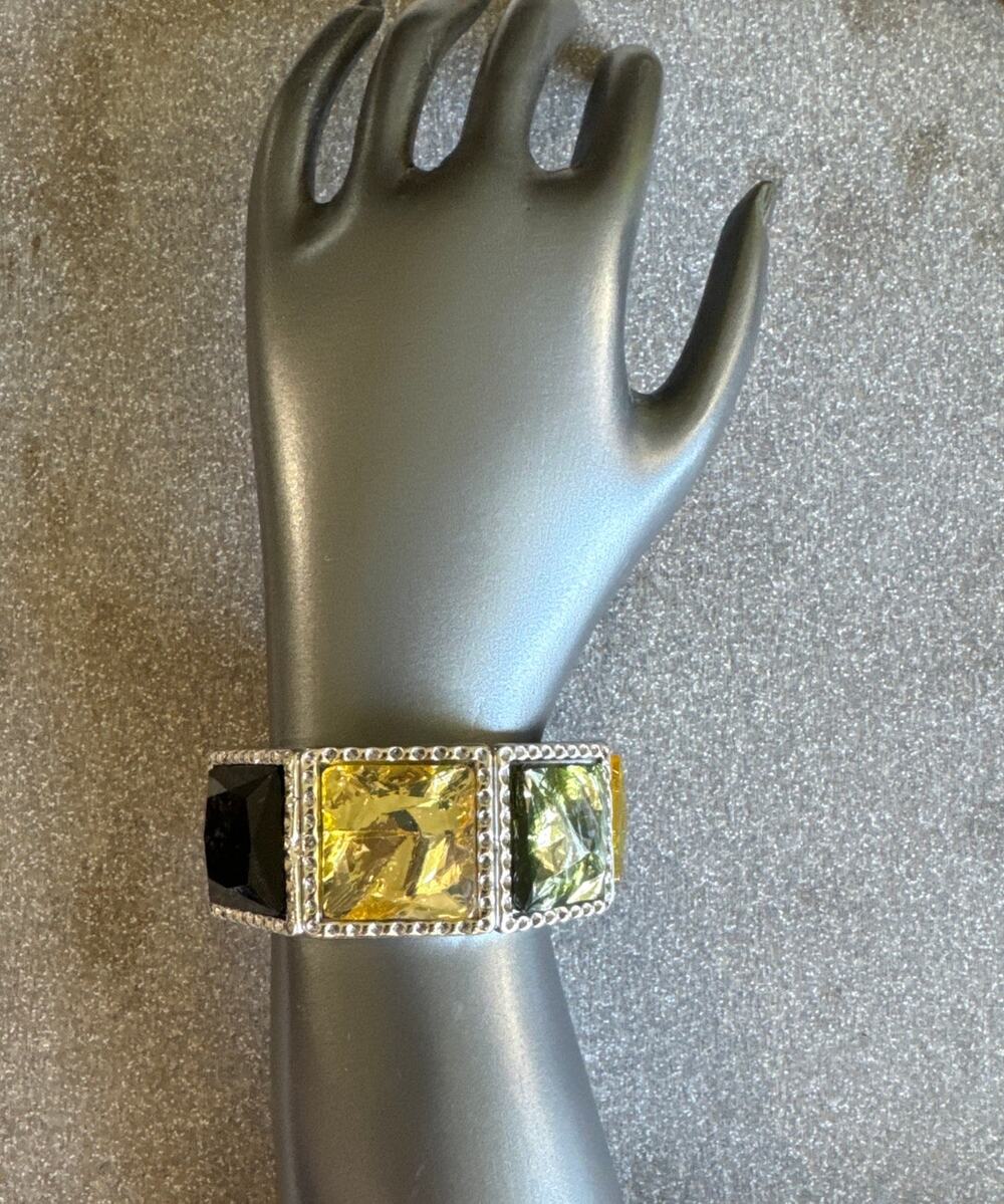 Black, Gold and Green In Silver Setting Stretch Light Weight Chunky Bracelet